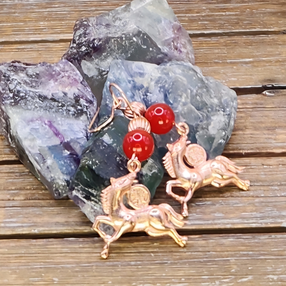 Red Chalcedony and Rose Gold Fire Horse Earrings